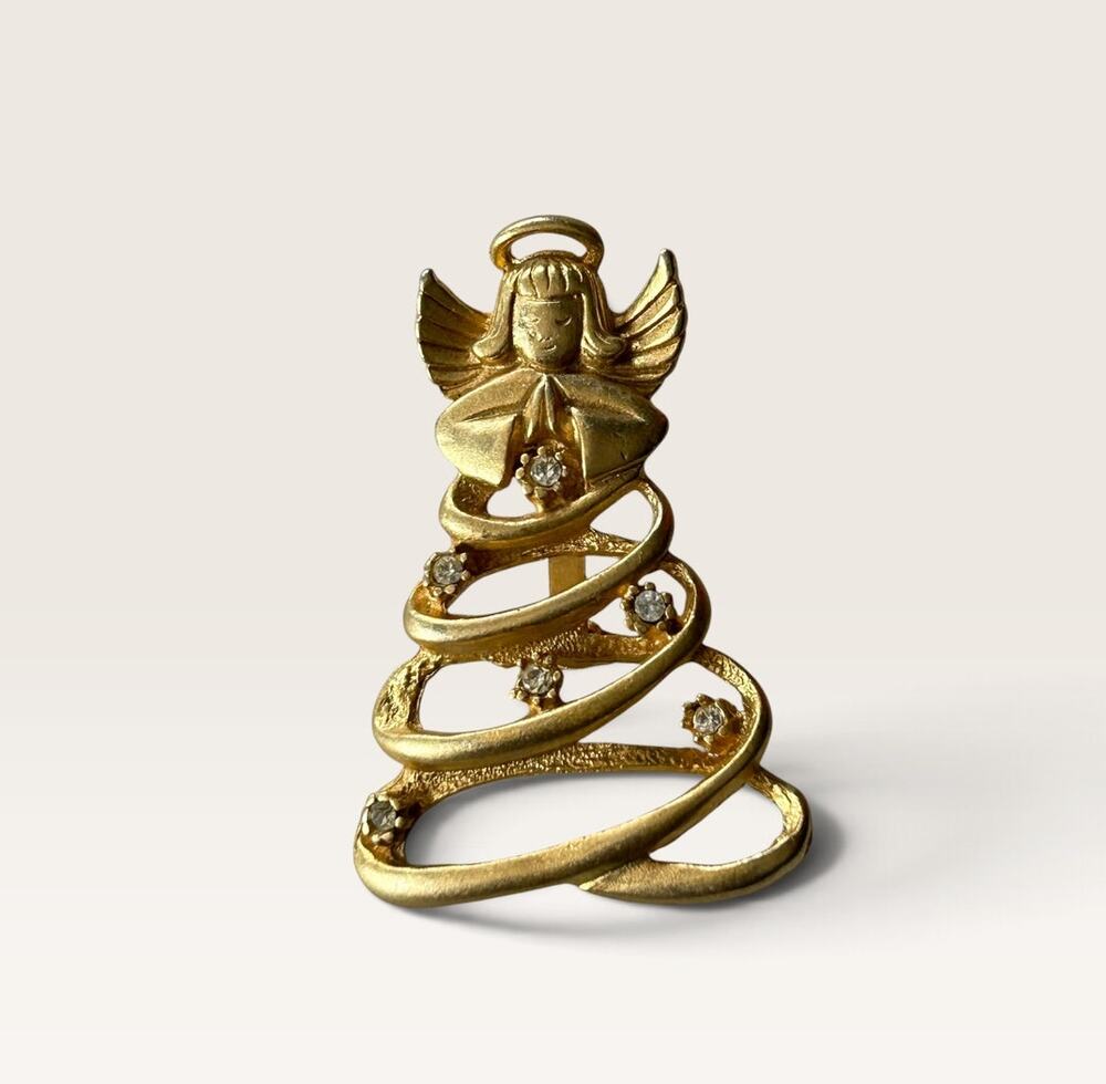 Christmas Angel Brooch Gold Tone Rhinestone Tree